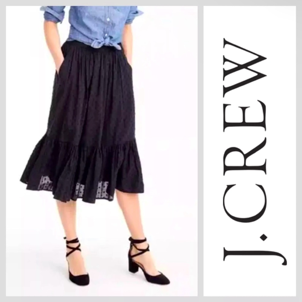 J. Crew Black Midi Skirt | Clip Dot | Cotton Pockets | Tiered | Sz 10 - NWOT